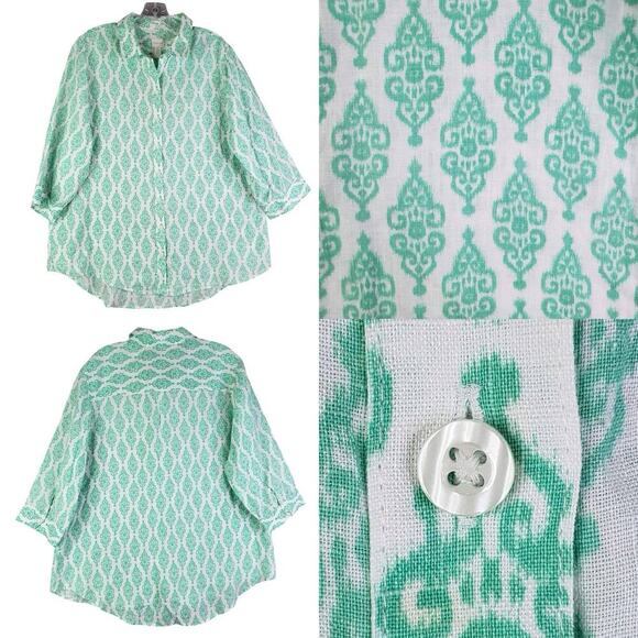 Chicos Top Button Up Shirt Women’s Size 3 US XL Teal Green Geometric Linen - Picture 1 of 12